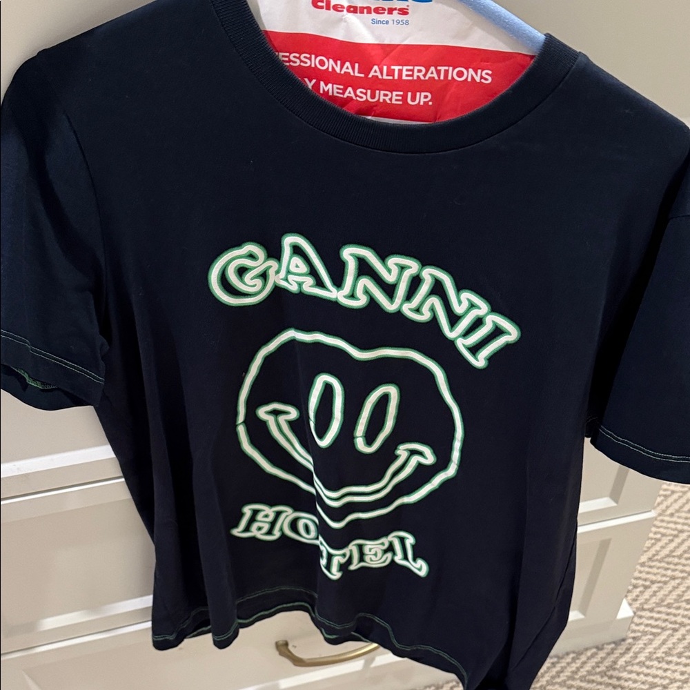 Ganni  Black Tee with Neon Green Smiley